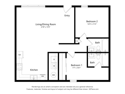 Floor plan for 2 beds, 2 baths, 1000 sqft
